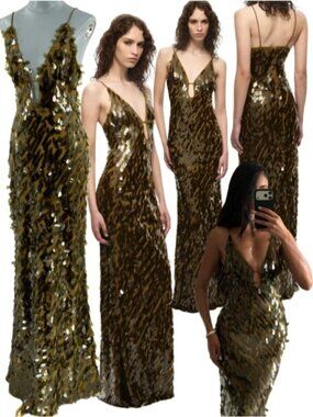 🆕 MISHA COLLECTION 🧿 NWOT Sapphire Sequins Maxi Dress, Olive - Sz M US 6